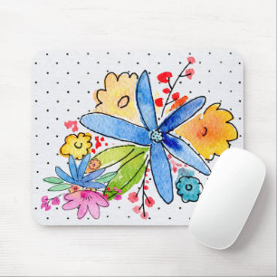Doodle Flowers On Polka Dot Mouse Pad