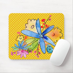 Doodle Flowers On Polka Dot Mouse Pad