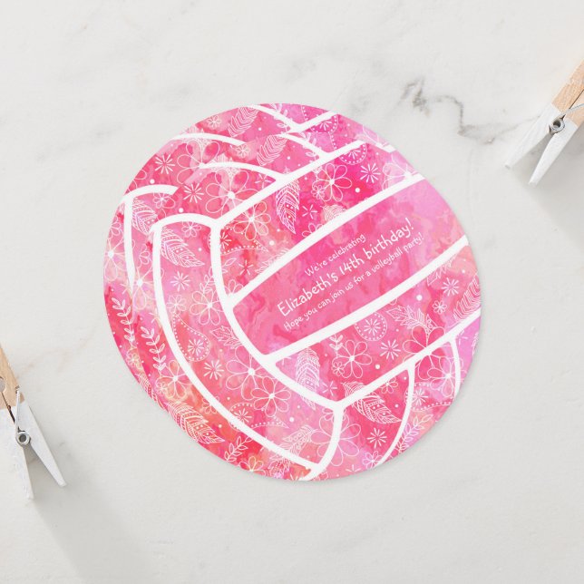 Doodle flowers paislies pink volleyball party invitation (Front/Back In Situ)