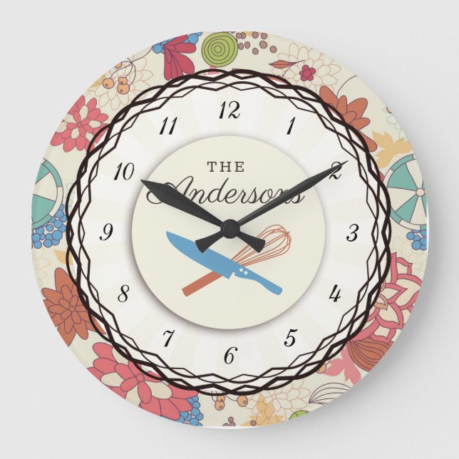 Doodle flowers utensils personalised kitchen large clock (Front)