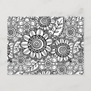 Doodle Folk Art Floral Line Drawing Pattern Postcard
