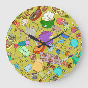 Doodle food and utensils, seamless texture. large clock