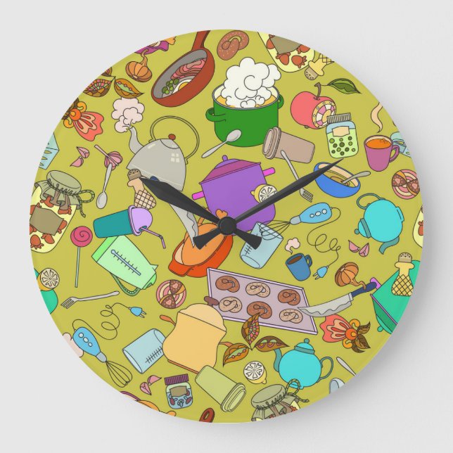 Doodle food and utensils, seamless texture. large clock (Front)