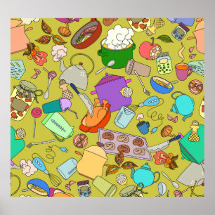 Doodle food and utensils, seamless texture. poster