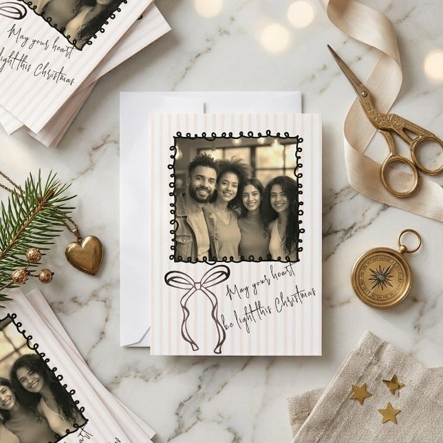 Doodle Frame Photo Bow Christmas Card Pink Stripe (Creator Uploaded)