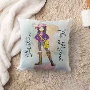 Doodle Girl With Dark Hair Gold Name Cushion