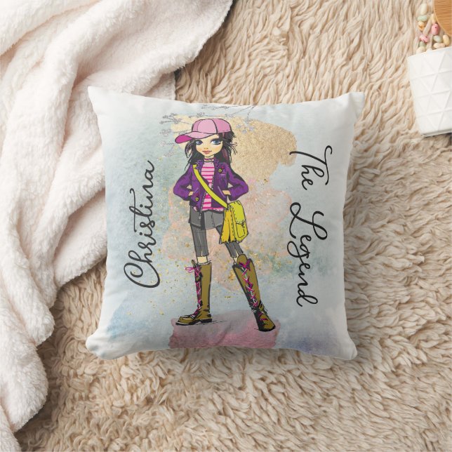Doodle Girl With Dark Hair Gold Name Cushion (Blanket)