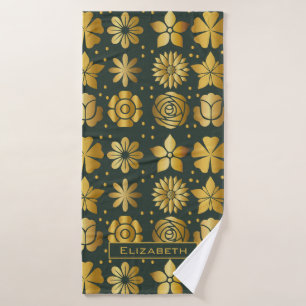 Doodle golden floral pattern personalised name bath towel