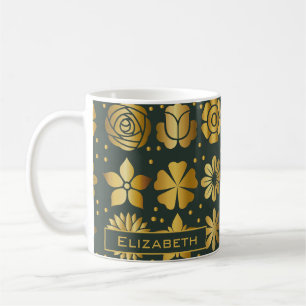 Doodle golden floral pattern personalised name coffee mug