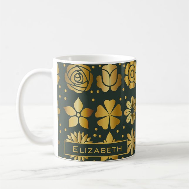 Doodle golden floral pattern personalised name  coffee mug (Left)