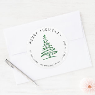 Doodle Green Christmas Tree Return Address Classic Round Sticker