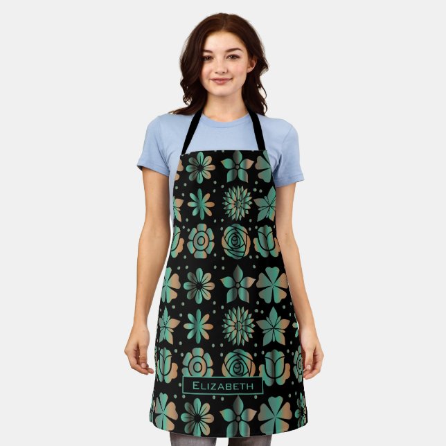 Doodle greenery floral pattern personalised name apron (Worn)