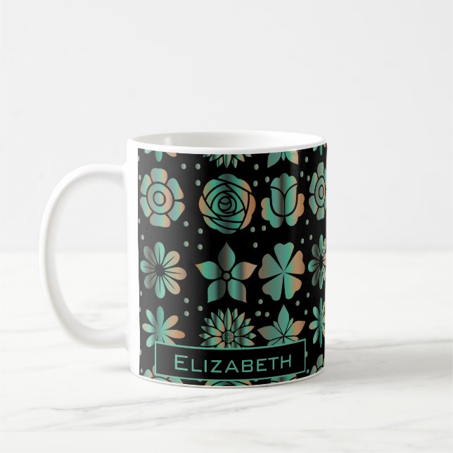 Doodle greenery floral pattern personalised name  coffee mug (Left)