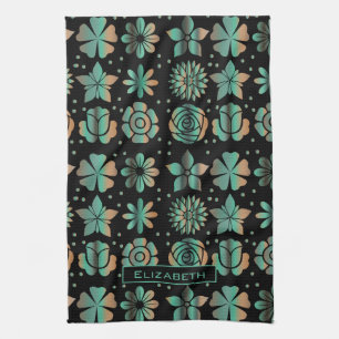 Doodle greenery floral pattern personalised name tea towel
