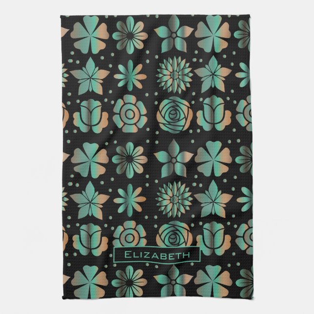 Doodle greenery floral pattern personalised name  tea towel (Vertical)
