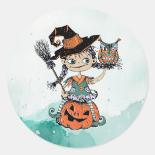 Doodle Halloween Witch & Owl Classic Round Sticker