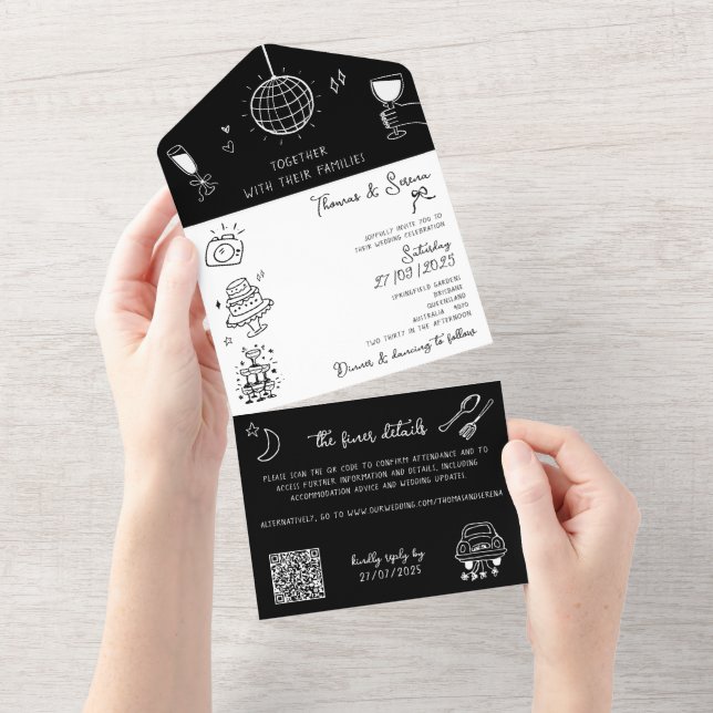 Doodle Hand Drawn All in One Black White QR Code  All In One Invitation (Tearaway)