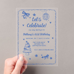 Doodle Hand drawn Blue Bow Disco Ball Birthday Acrylic Invitations