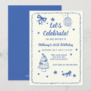 Doodle Hand drawn Blue Bow Disco Ball Birthday Invitation