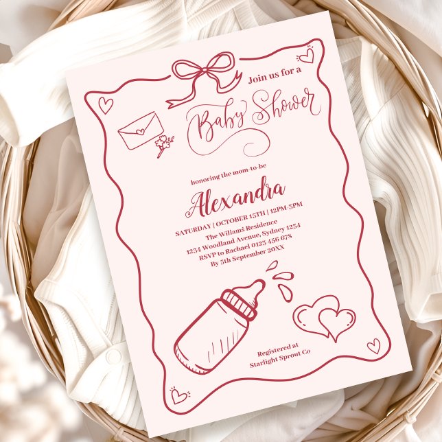 Doodle Hand Drawn Bow Baby Shower Invitation (Creator Uploaded)