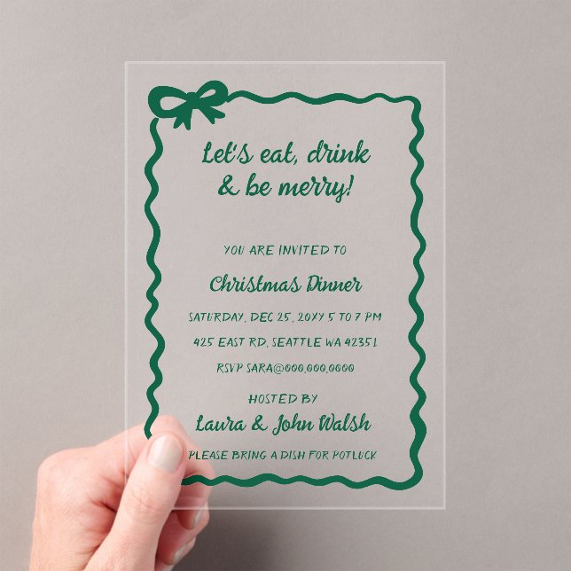 Doodle Hand drawn Green Bow Christmas Party Acrylic Invitations (Insitu (Handheld))