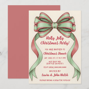 Doodle Hand drawn Green Red Bow Christmas Party Invitation