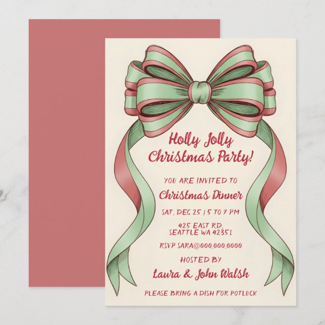 Doodle Hand drawn Green Red Bow Christmas Party Invitation (Front/Back)