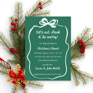 Doodle Hand drawn Green White Bow Christmas Party Invitation