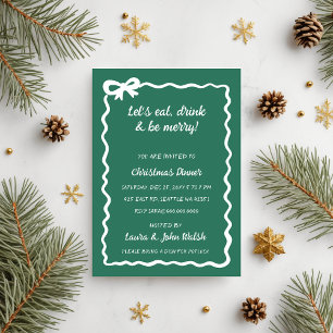 Doodle Hand drawn Green White Bow Christmas Party Invitation