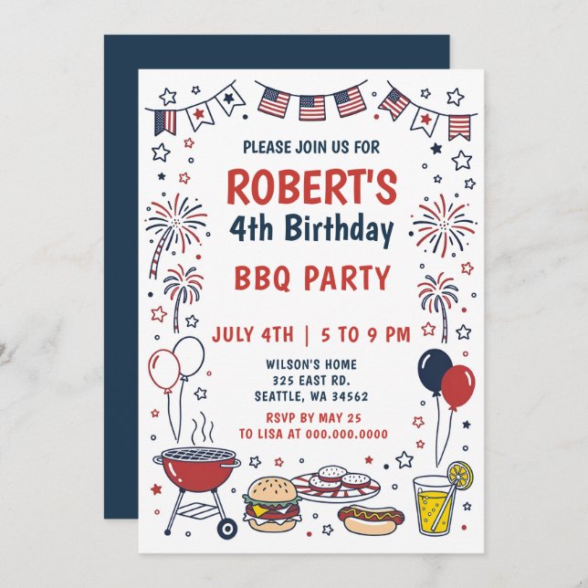 Doodle Hand Drawn July 4th BBQ Birthday Party  Invitation (Front/Back)