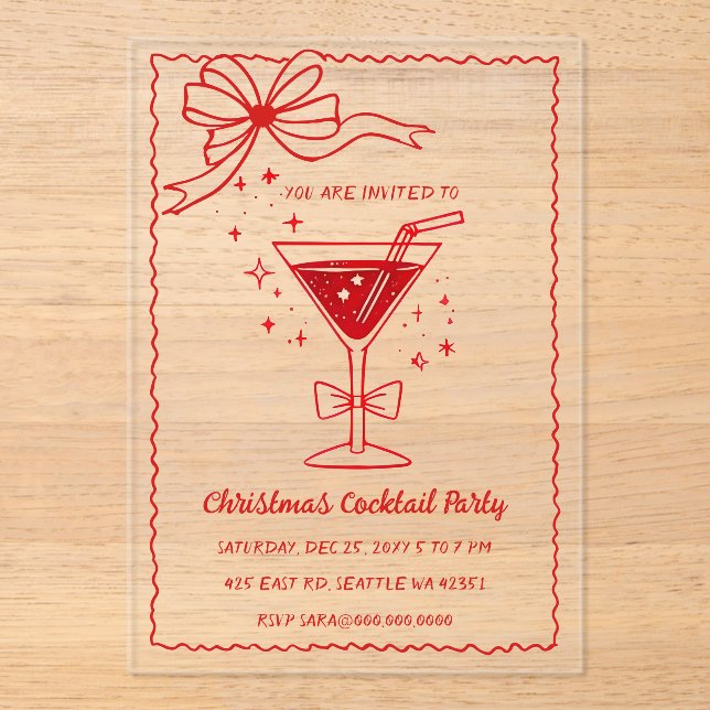 Doodle Hand drawn Pink Red Bow Christmas Cocktails Acrylic Invitations (Front)