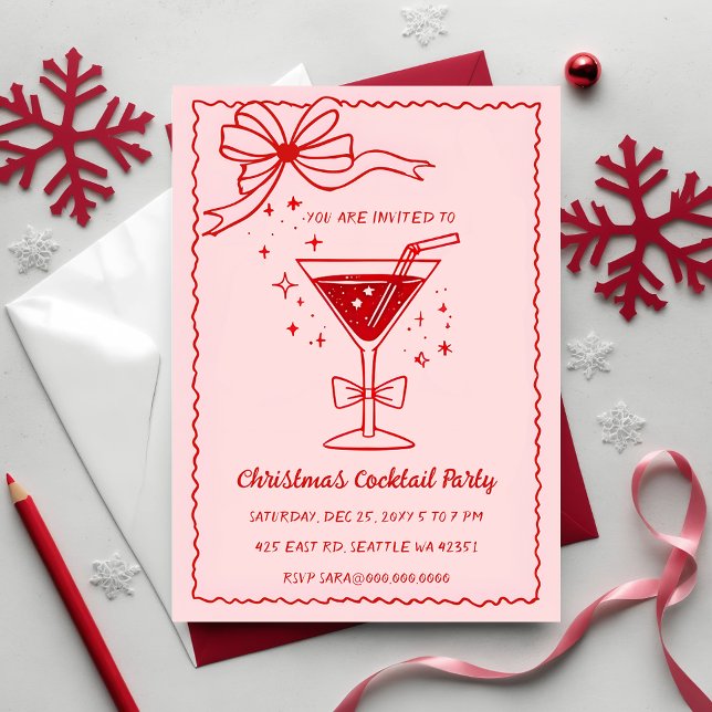 Doodle Hand drawn Pink Red Bow Christmas Cocktails Invitation (Doodle Hand drawn Pink Red Bow Christmas Cocktails Invitation)