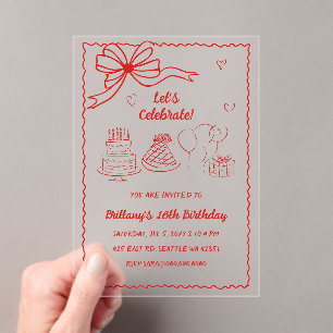 Doodle Hand drawn Pink Red Coquette Bow Birthday Acrylic Invitations