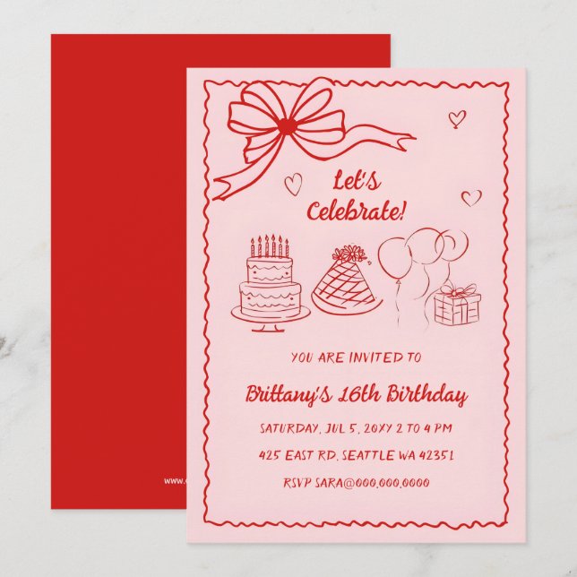 Doodle Hand drawn Pink Red Coquette Bow Birthday Invitation (Front/Back)