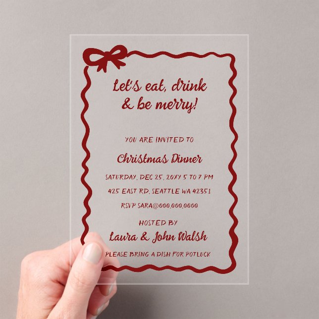 Doodle Hand drawn Red Bow Christmas Party Acrylic Invitations (Insitu (Handheld))