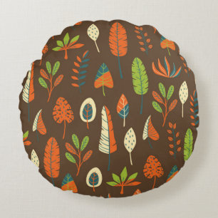 Doodle Hand Drawn Tropical Pattern with Leaves on Round Cushion
