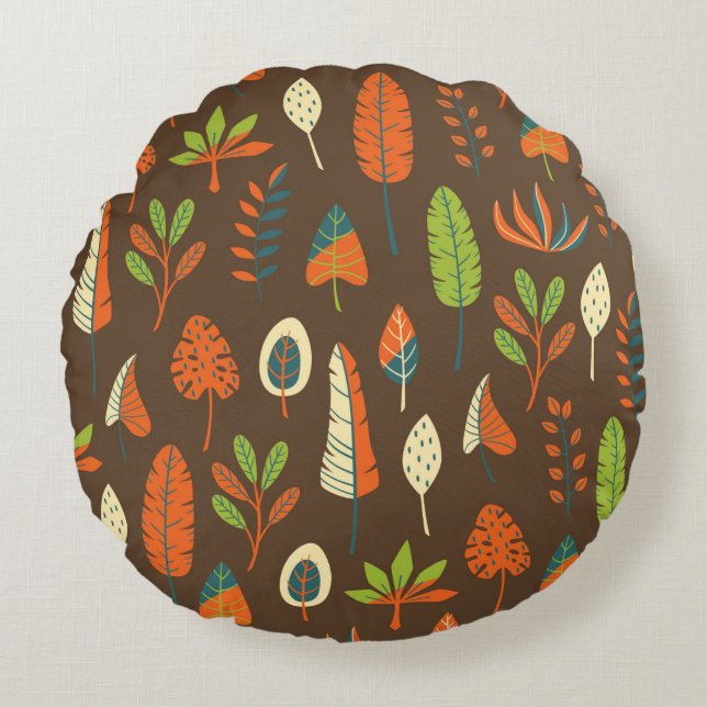 Doodle Hand Drawn Tropical Pattern with Leaves on  Round Cushion (Front)