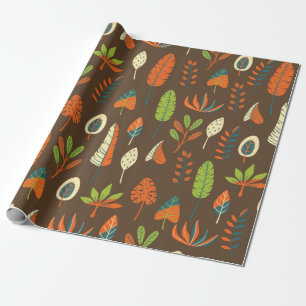 Doodle Hand Drawn Tropical Pattern with Leaves on Wrapping Paper