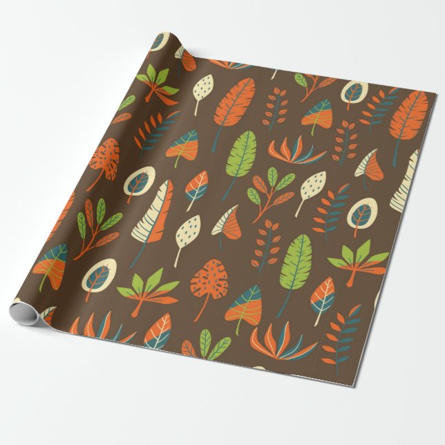 Doodle Hand Drawn Tropical Pattern with Leaves on  Wrapping Paper (Unrolled)