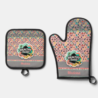 Doodle Healthy Food Kitchen Knife Sticker Oven Mitt & Pot Holder Set