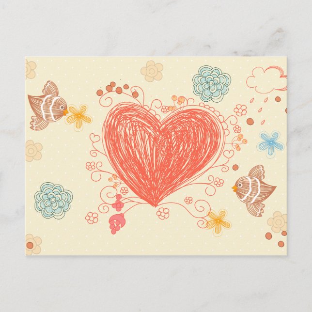 Doodle heart and birds happy mothers day postcard (Front)