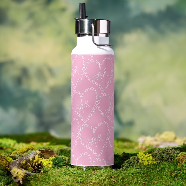 Doodle Heart Valentines Pink Water Bottle (Outdoor (Rotated))
