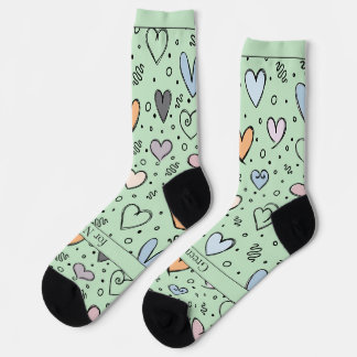 Doodle Hearts on Light Green with Text Socks