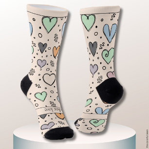 Doodle Hearts on Pale Orange with Text Socks