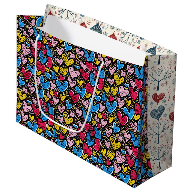 Doodle Hearts & Winter Trees Large Gift Bag (Front Angled)