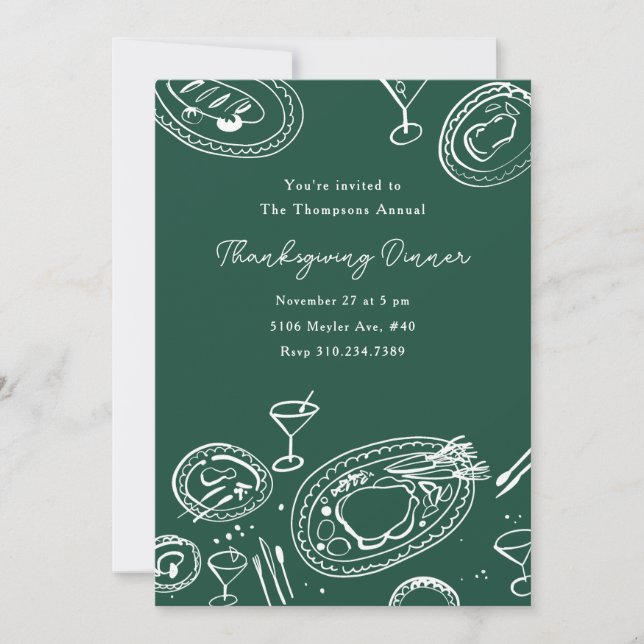 Doodle Illustrated Thanksgiving Dinner Holiday Invitation (Front)