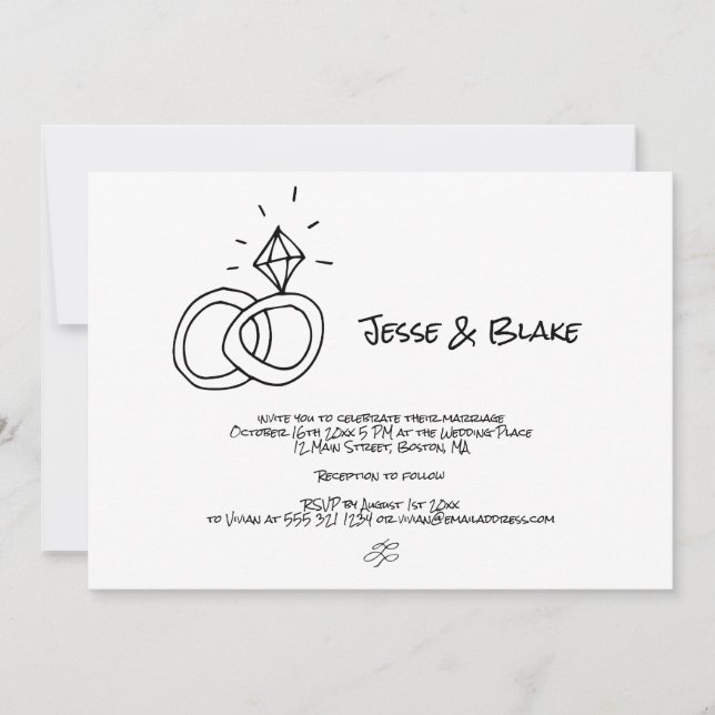 Doodle Illustrations Wedding in Black and White Invitation (Front)