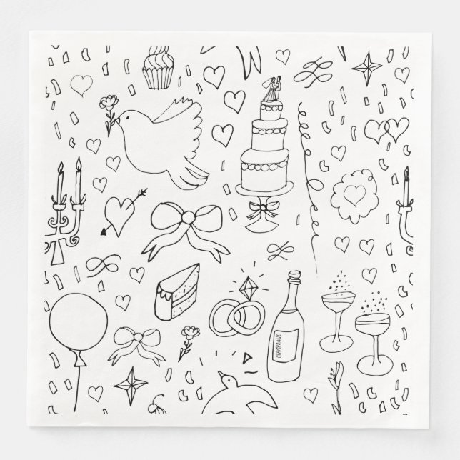 Doodle Illustrations Wedding in Black and White Napkin (Front)
