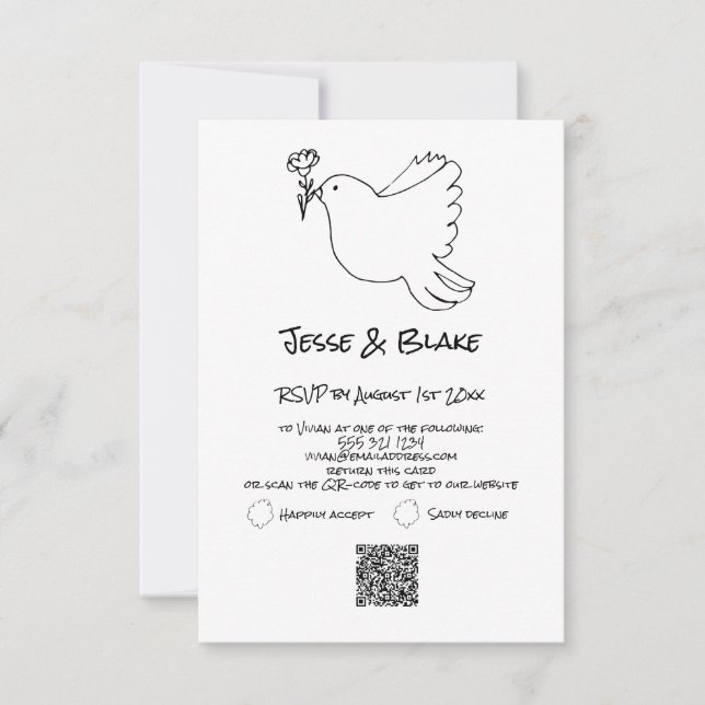 Doodle Illustrations Wedding in Black and White RSVP Card (Front)