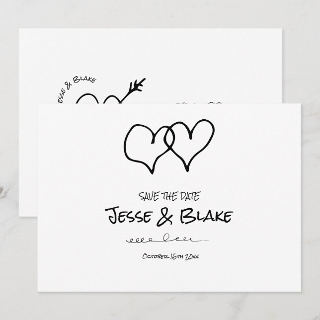 Doodle Illustrations Wedding in Black and White Save The Date (Front/Back)